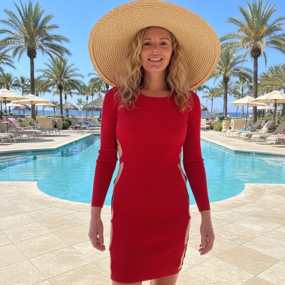 HERA Red Ribbed Cut-Out Ring Detail Open Back Mini Dress Resort Vegas NWT Size M